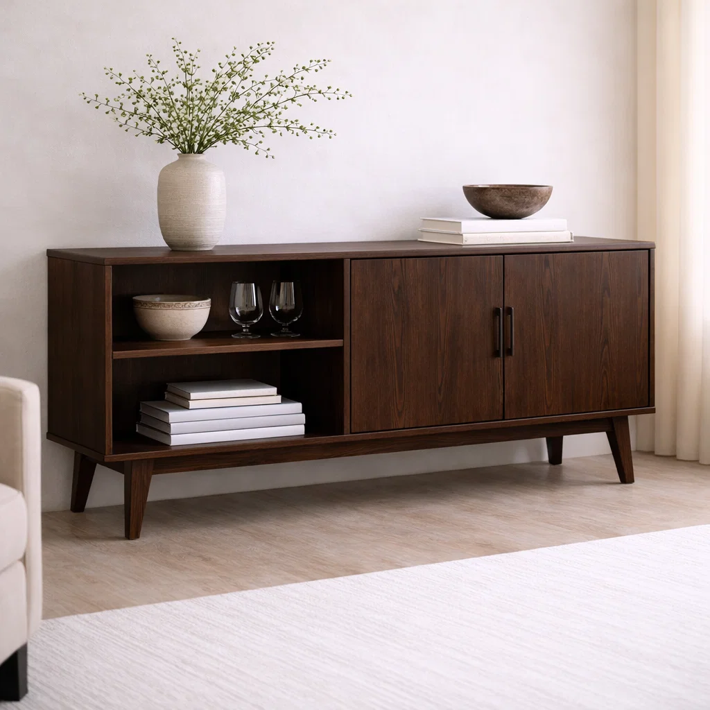 Solid Wood Console Cabinet with Open Shelves and Storage Doors