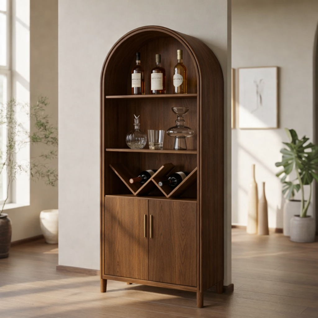 Modern Arched Wine Cabinet with Display Shelves and Built-In Bottle Organizer