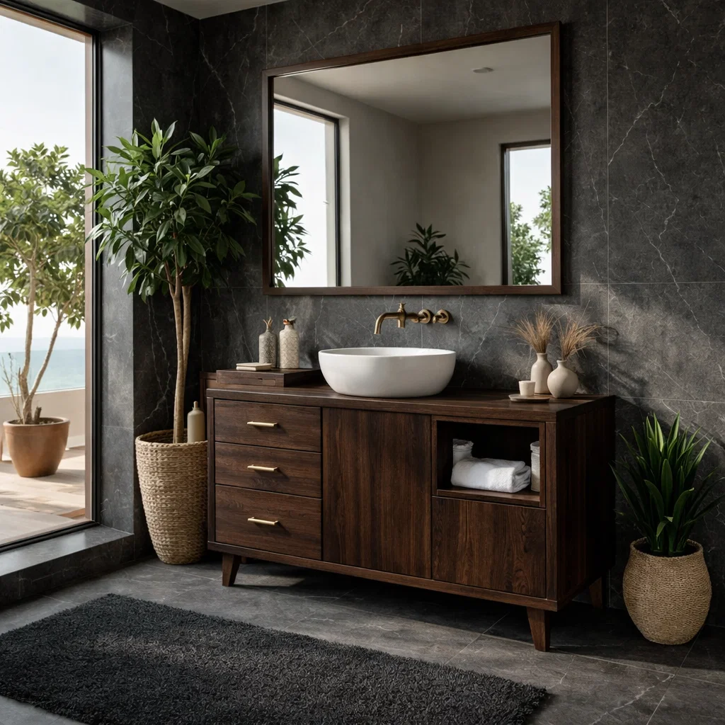 Solid Wood Bathroom Vanity with Drawers & Open Shelf – Modern Walnut Vanity Cabinet