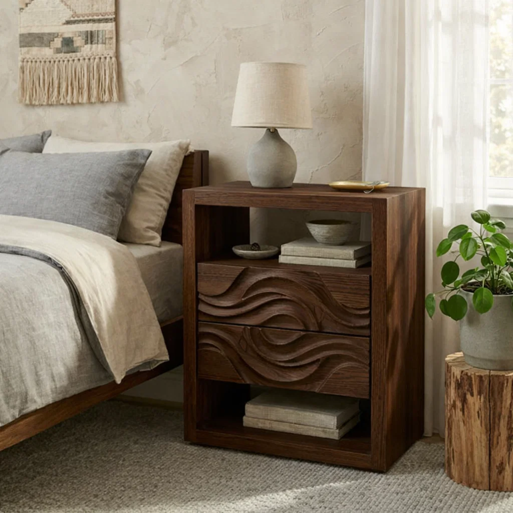 Solid  Nightstand with Carved Drawer – Modern Table with Storage