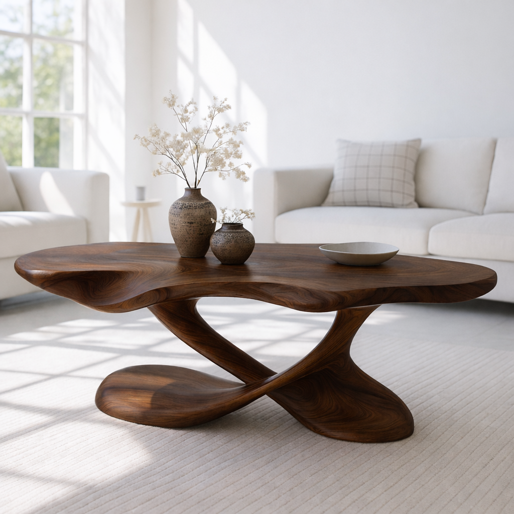 Modern Solid Wood Coffee Table with Sculptural Curved Base for Living Room