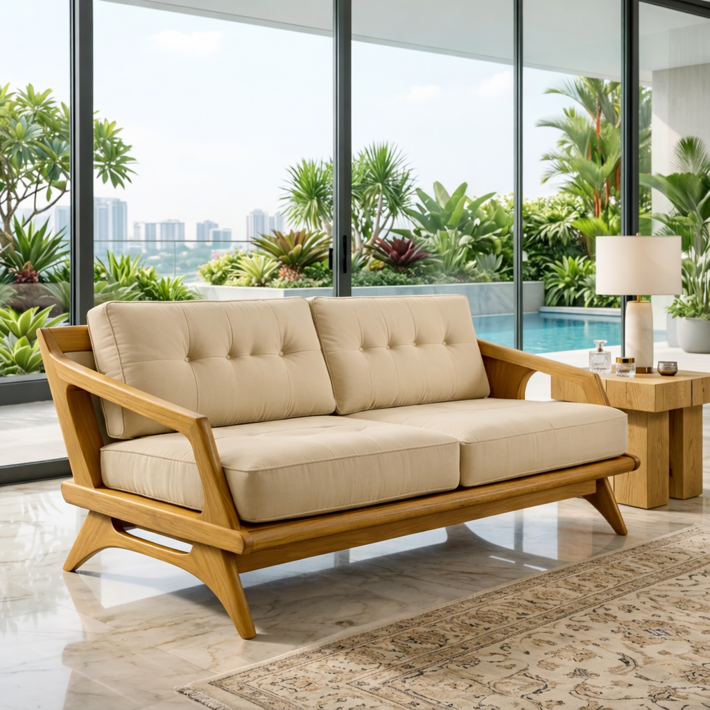 Mid Century Solid Wood Sofa with Beige Tufted Cushions Modern Loveseat Couch