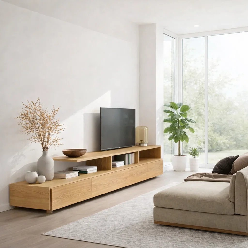 Solid Wood Media Console with Open Shelf & Cabinet Storage, Modern TV Stand