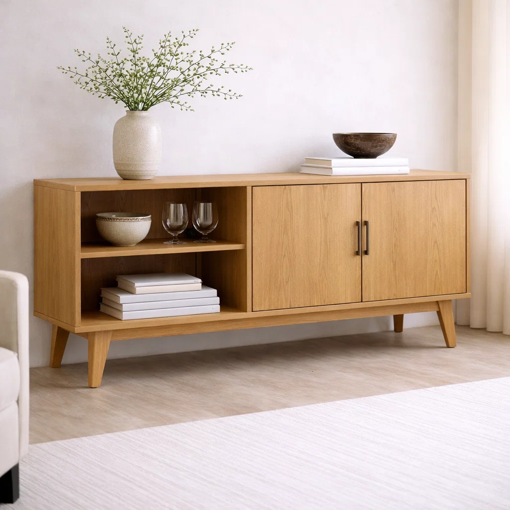 Solid Wood Console Cabinet with Open Shelves and Storage Doors
