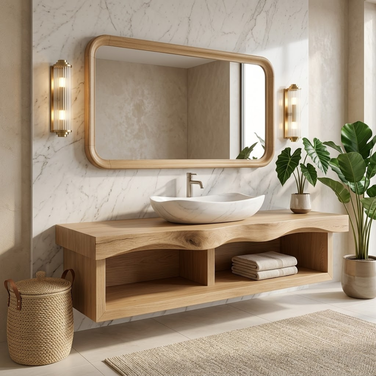 Floating Vanity with Natural Walnut Wood, Unique Curve Design and Open Shelf