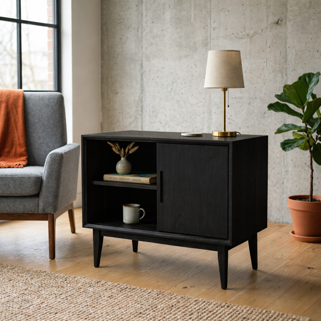 Solid Wood End Table with Sliding Door and Shelf – Mid Century Modern Side Table