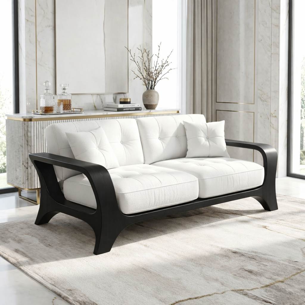 Luxury Curved Solid Wood Sofa with White Tufted Cushions Modern Designer Couch