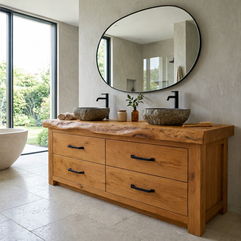 Rustic Solid Wood Bathroom Vanity Double Sink Base Live Edge Top Drawer Storage