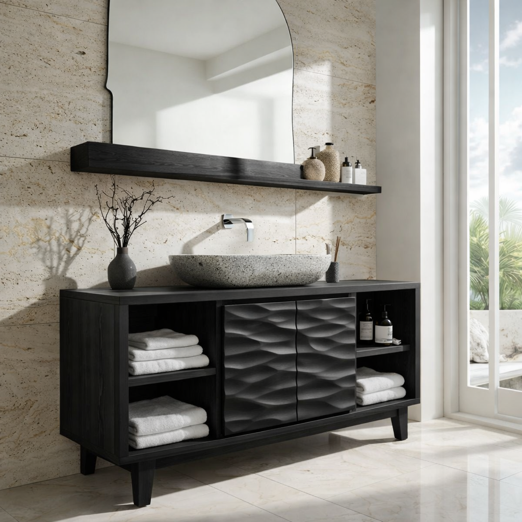 Contemporary Solid Wood Bathroom Vanity with Textured Cabinet Doors and Shelving