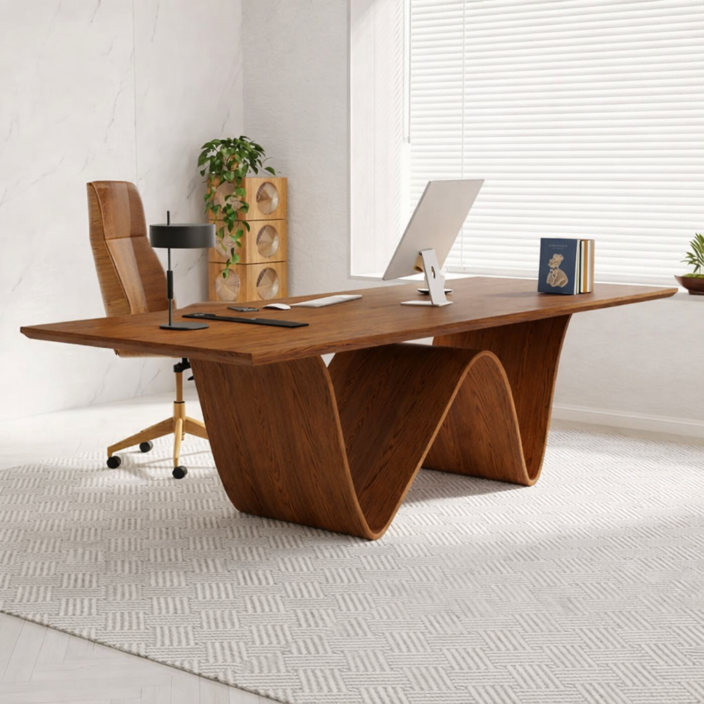 Modern Wave-Shaped Wooden Desk for Home Office, Contemporary Design