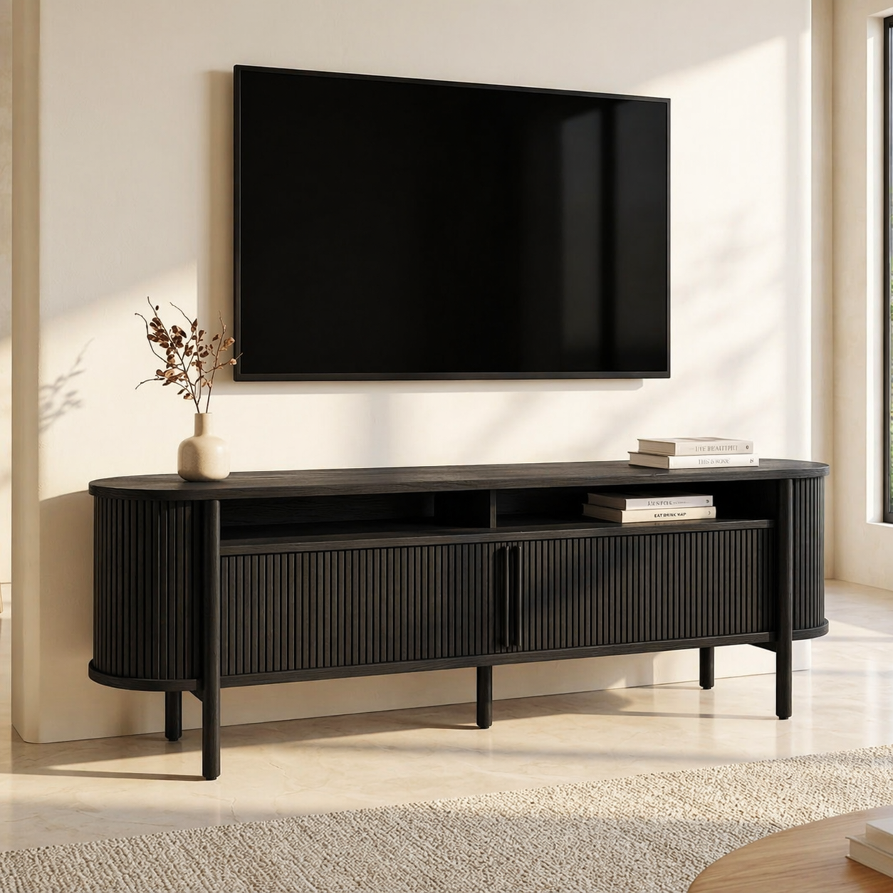 Modern Fluted TV Console, Rounded Media Cabinet for Refined Living-Room Interiors