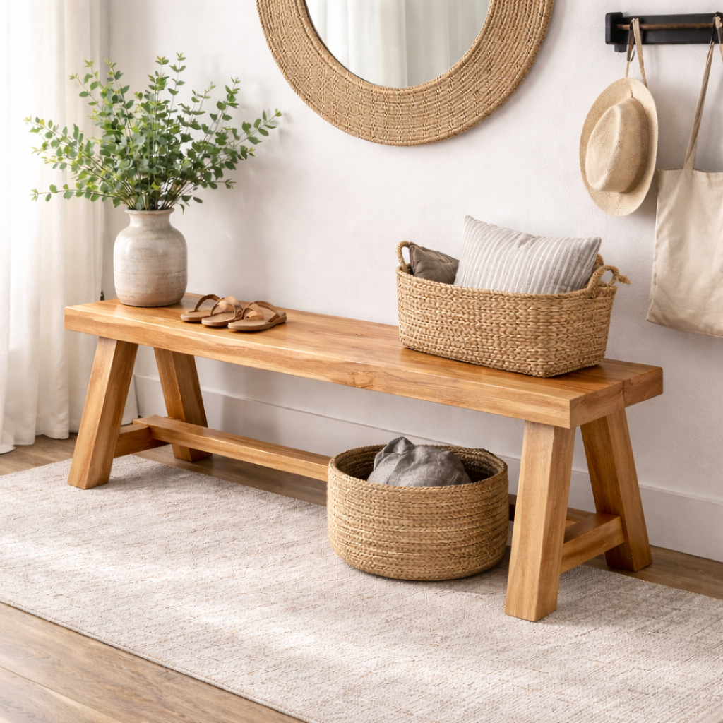 Rustic Solid Wood Entryway Bench with Storage | Modern Hallway Seating