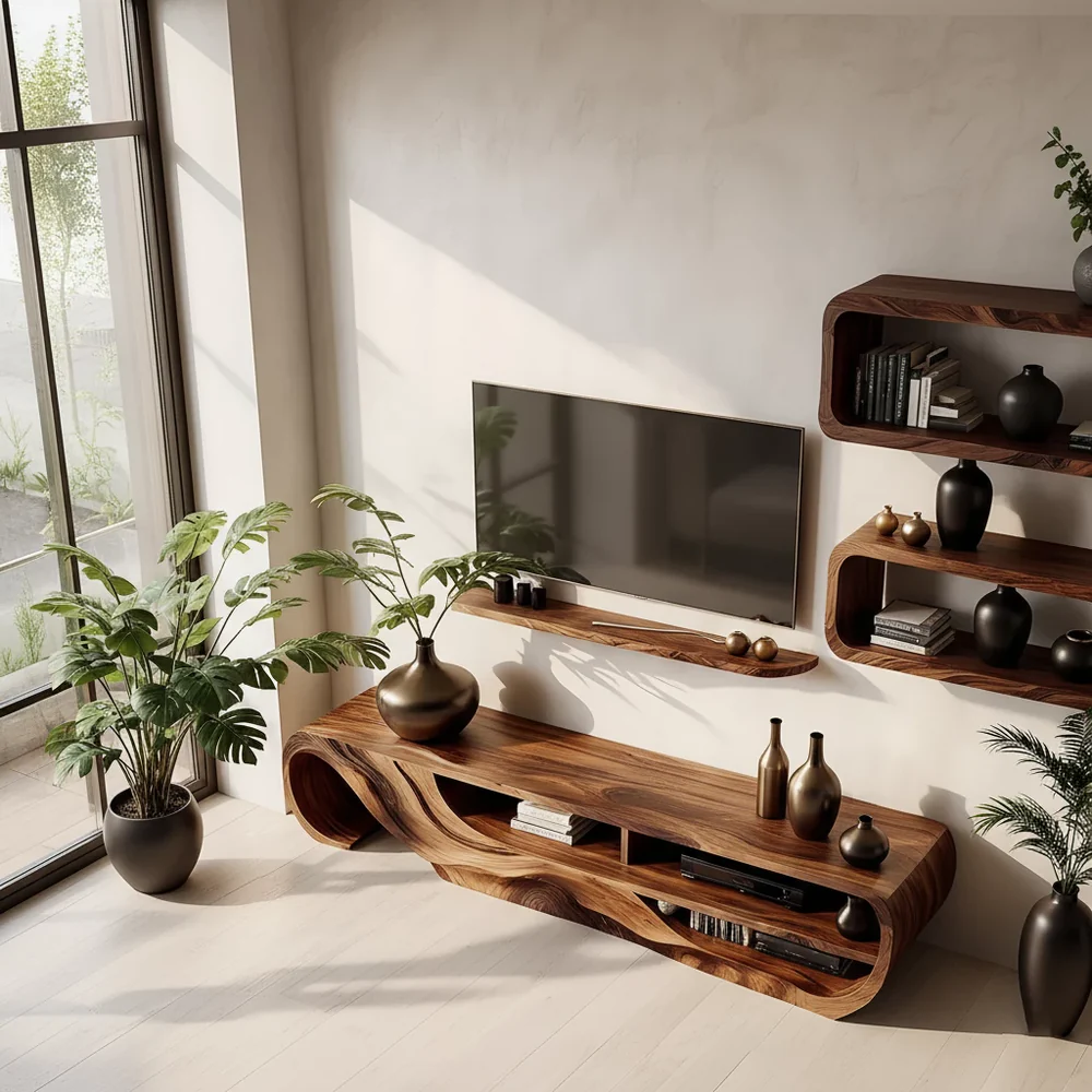 Solid Wood TV Stand Modern Sculptural Media Console for Living Room