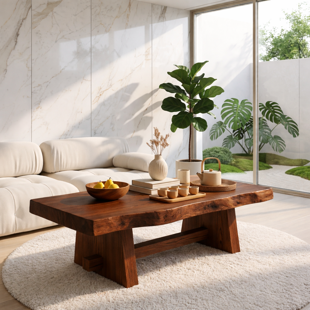 Solid Wood Coffee Table with Unique Design and Spacious Storage Shelf for Living Room