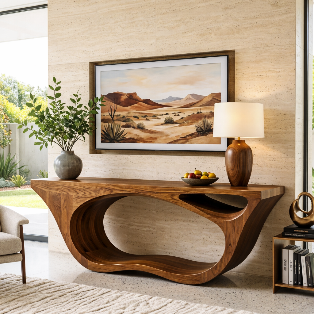 Solid Wood Console Table with Sculpted Open Base, Modern Organic Design