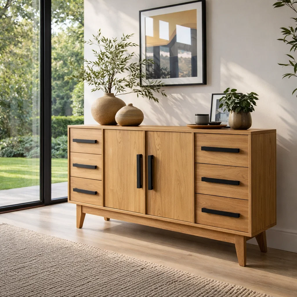 Modern Solid Wood Console Sideboard with Drawers – Walnut Storage Cabinet