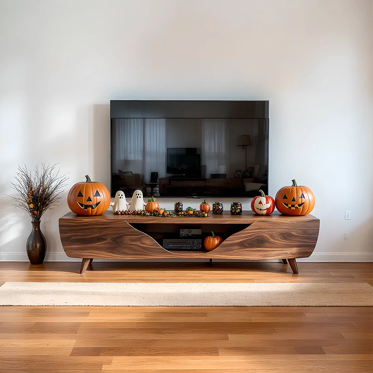 Solid Wood TV Stand Modern Walnut Media Console with Curved Front and Storage