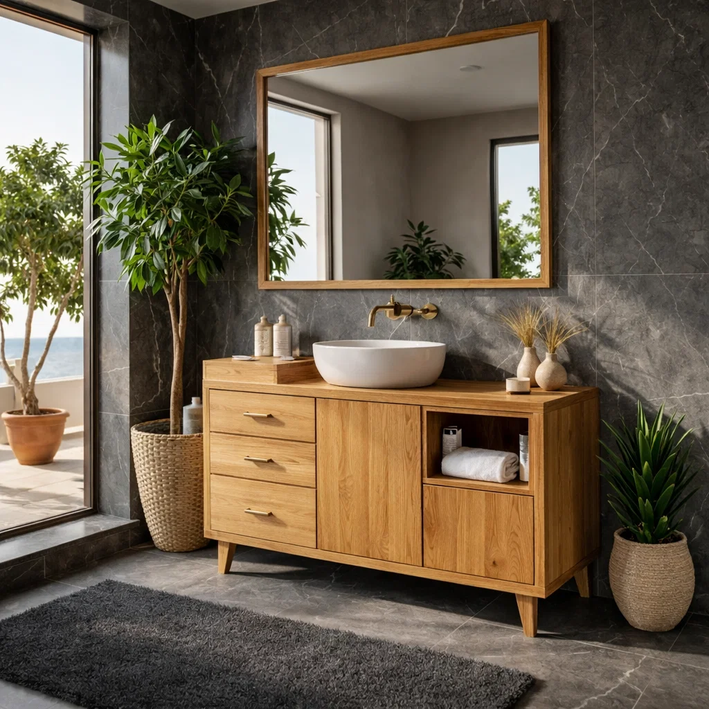 Solid Wood Bathroom Vanity with Drawers & Open Shelf – Modern Walnut Vanity Cabinet