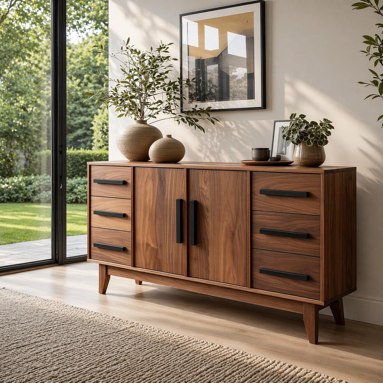 Modern Solid Wood Console Sideboard with Drawers – Walnut Storage Cabinet