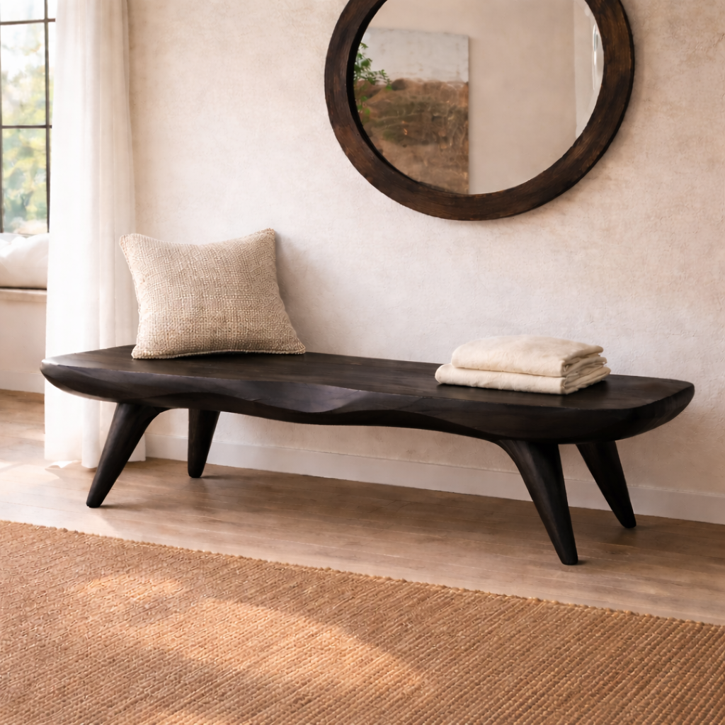 Live Edge Solid Wood Bench, Sculpted Rustic Entryway Hallway Seating