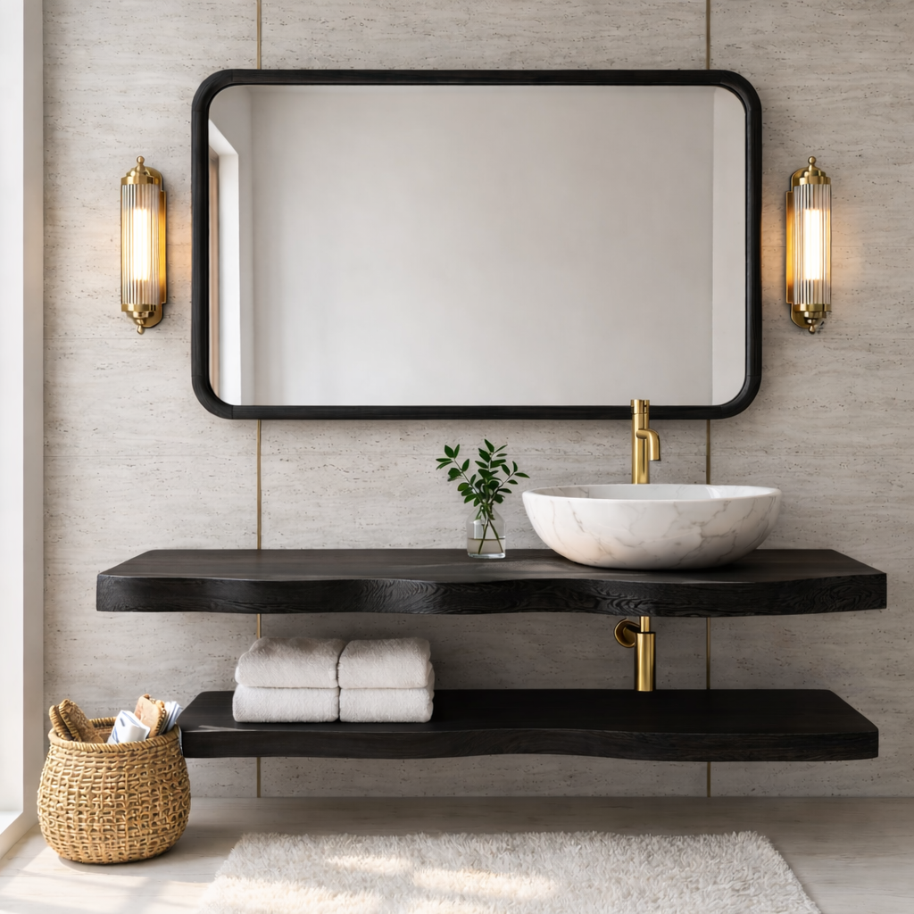 Natural Wood Floating Vanity with Curved Design, Shelf Storage, and Ceramic Sink