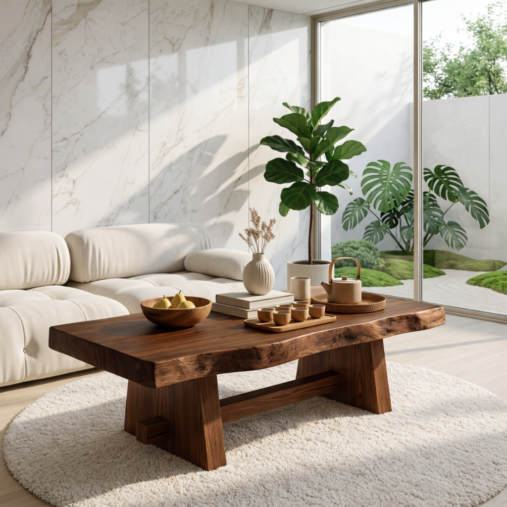 Solid Wood Coffee Table with Unique Design and Spacious Storage Shelf for Living Room