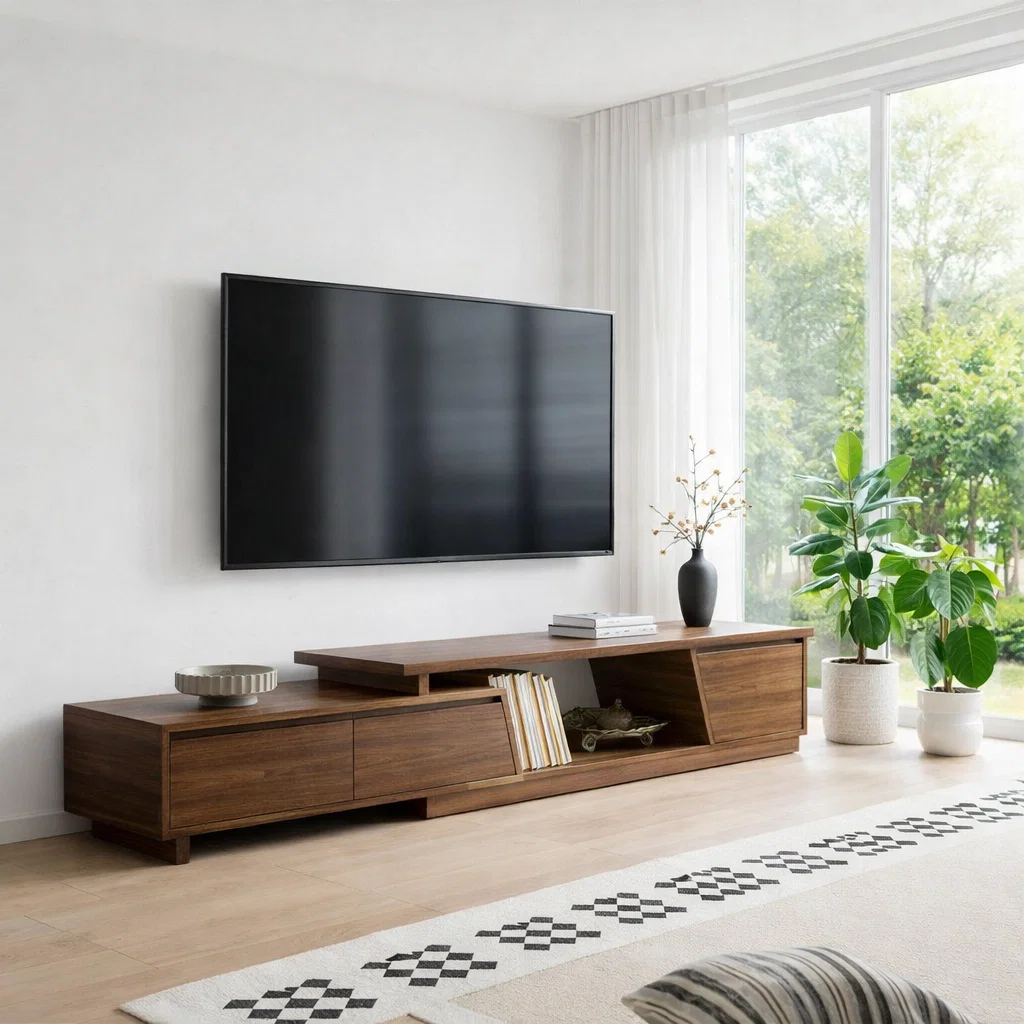 Modern Solid Wood TV Console with Low Profile & Open Storage