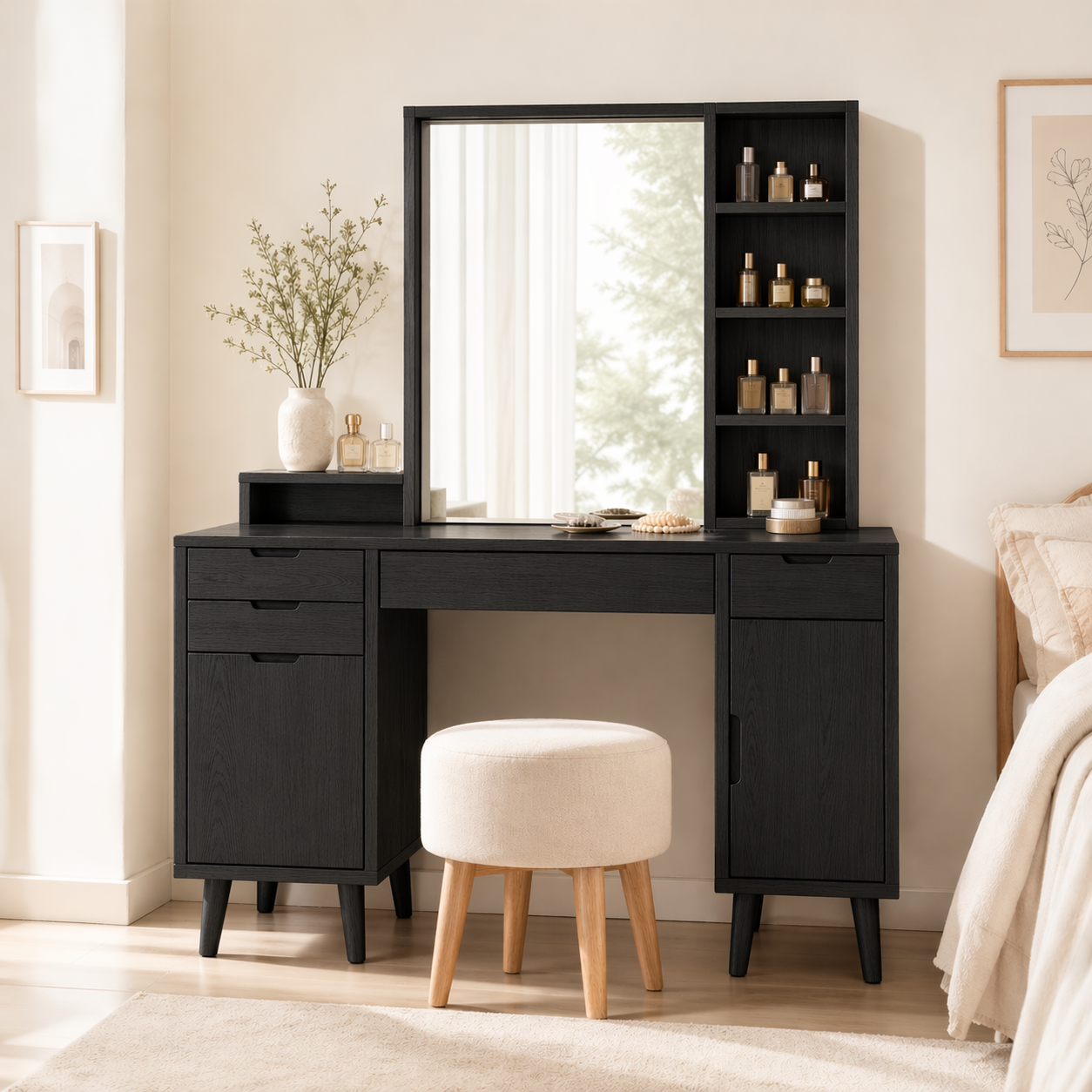 Modern Makeup Vanity Desk With Mirror Storage Shelves Drawers Bedroom Furniture Set