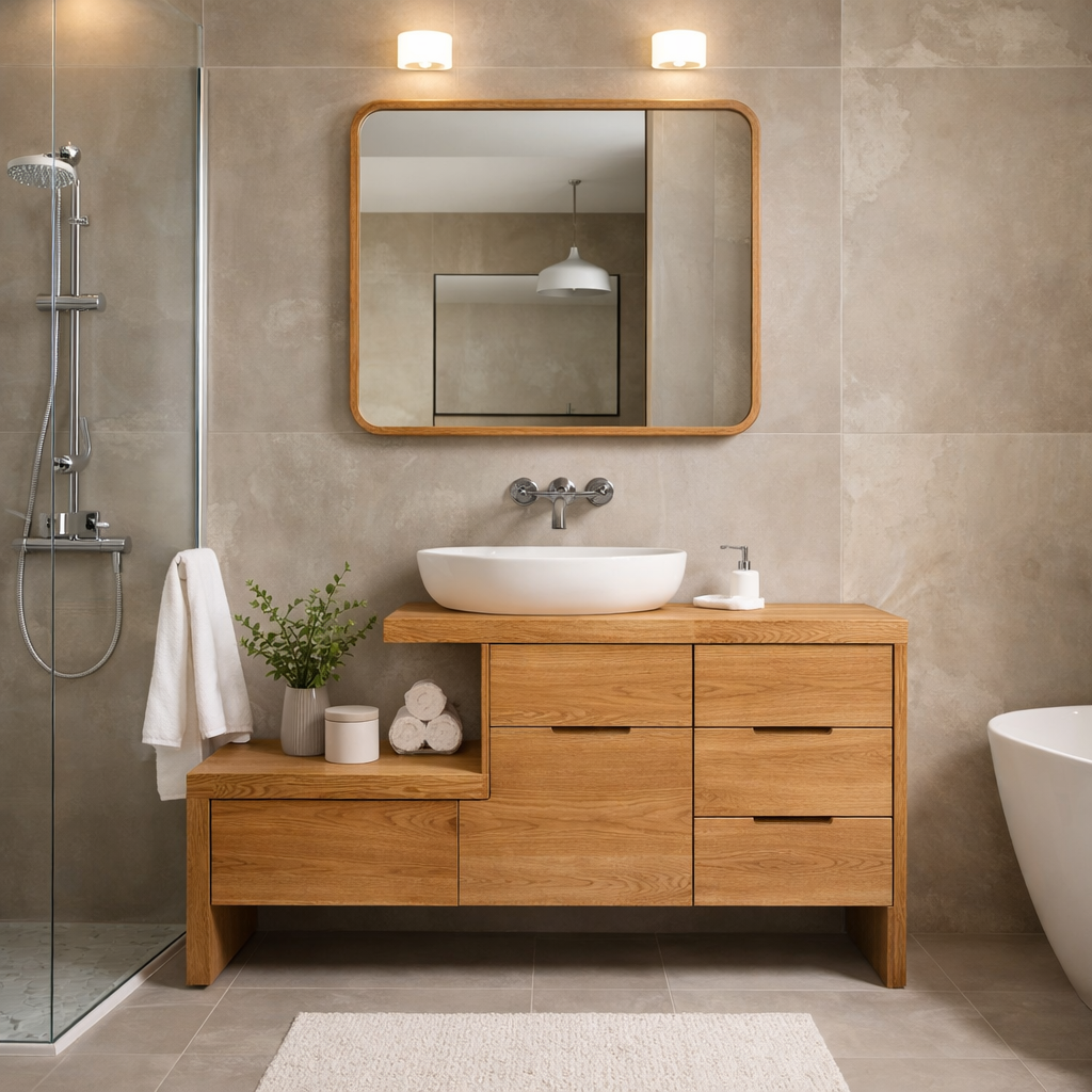 Modern Solid Wood Bathroom Vanity Cabinet with Drawers & Open Shelf Storage
