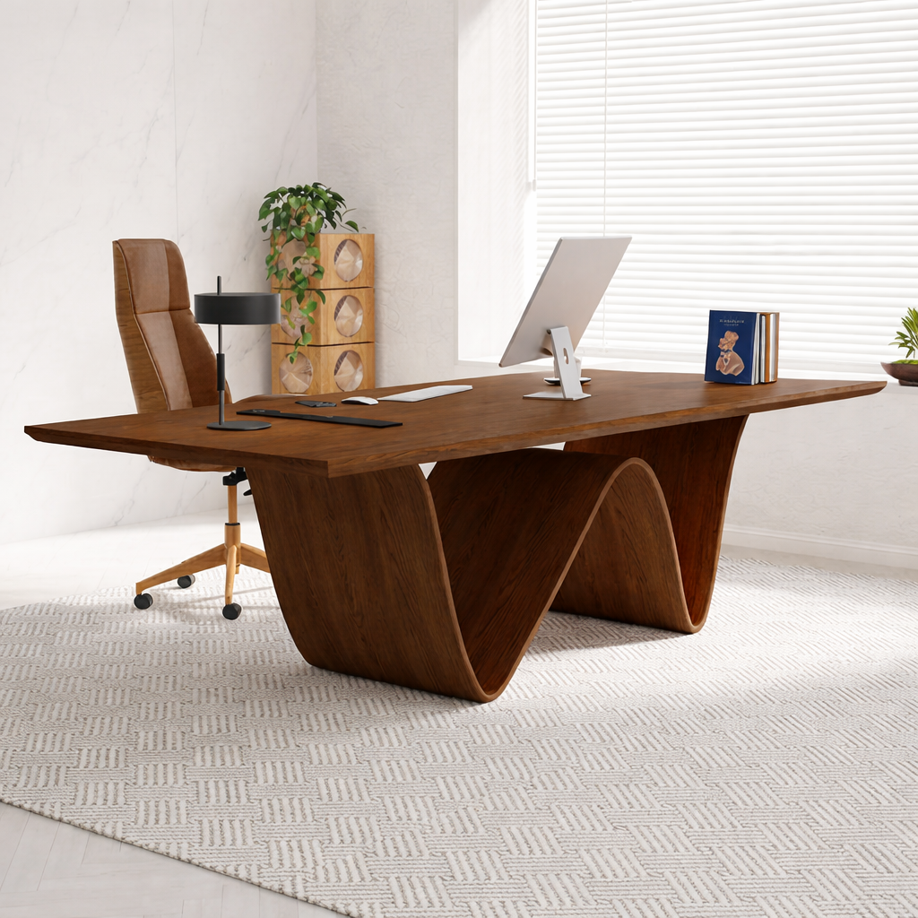 Modern Wave-Shaped Wooden Desk for Home Office, Contemporary Design