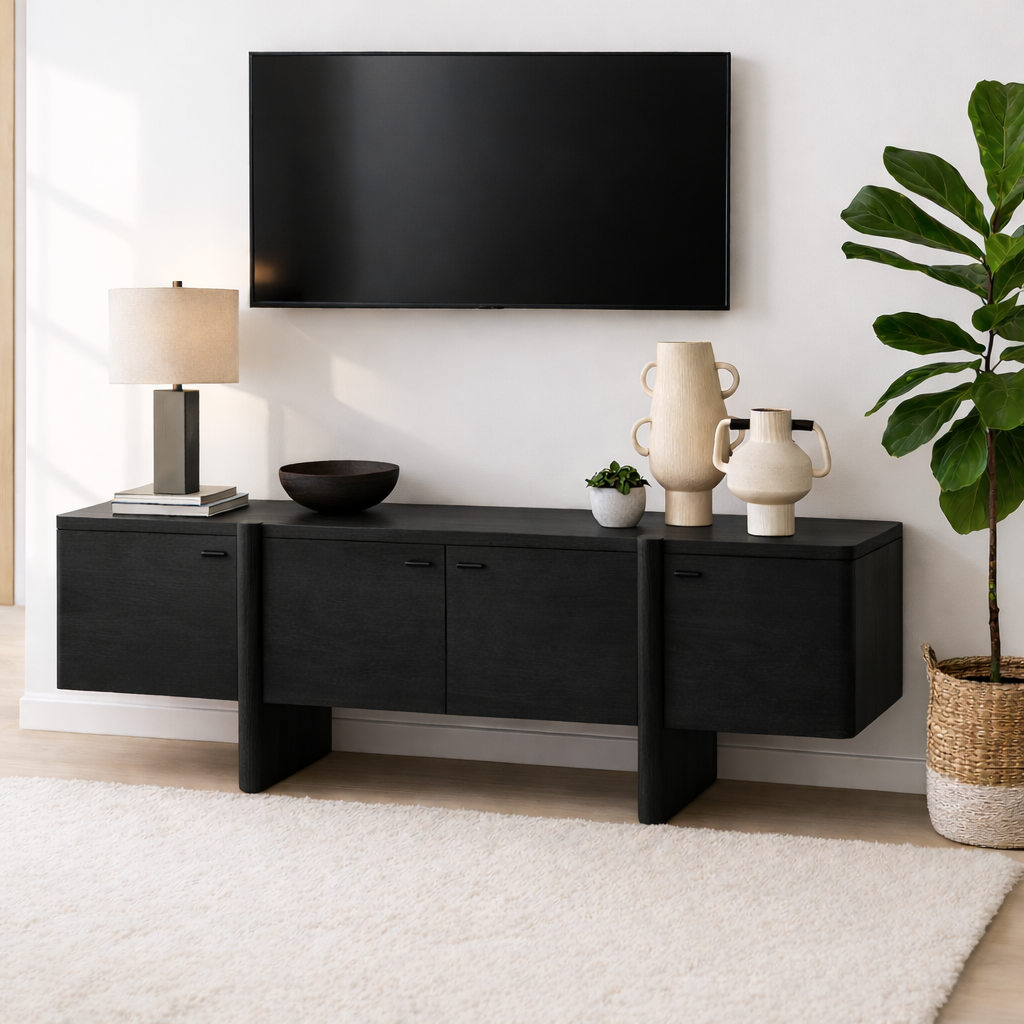 Handcrafted Solid Wood TV Stand with Drawer and Open Shelf Mid Century Modern Media Console