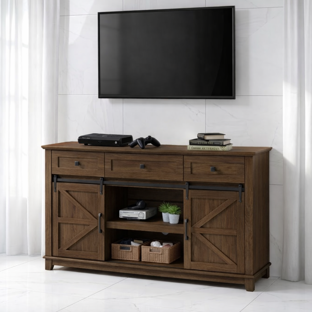 Solid Wood TV Stand with Sliding Barn Doors Drawers and Open Shelf