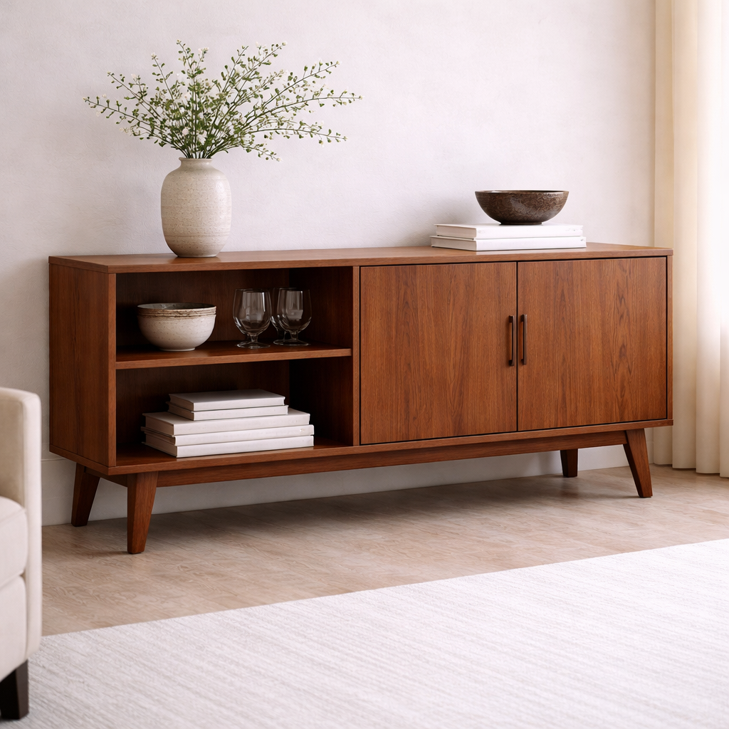 Solid Wood Console Cabinet with Open Shelves and Storage Doors