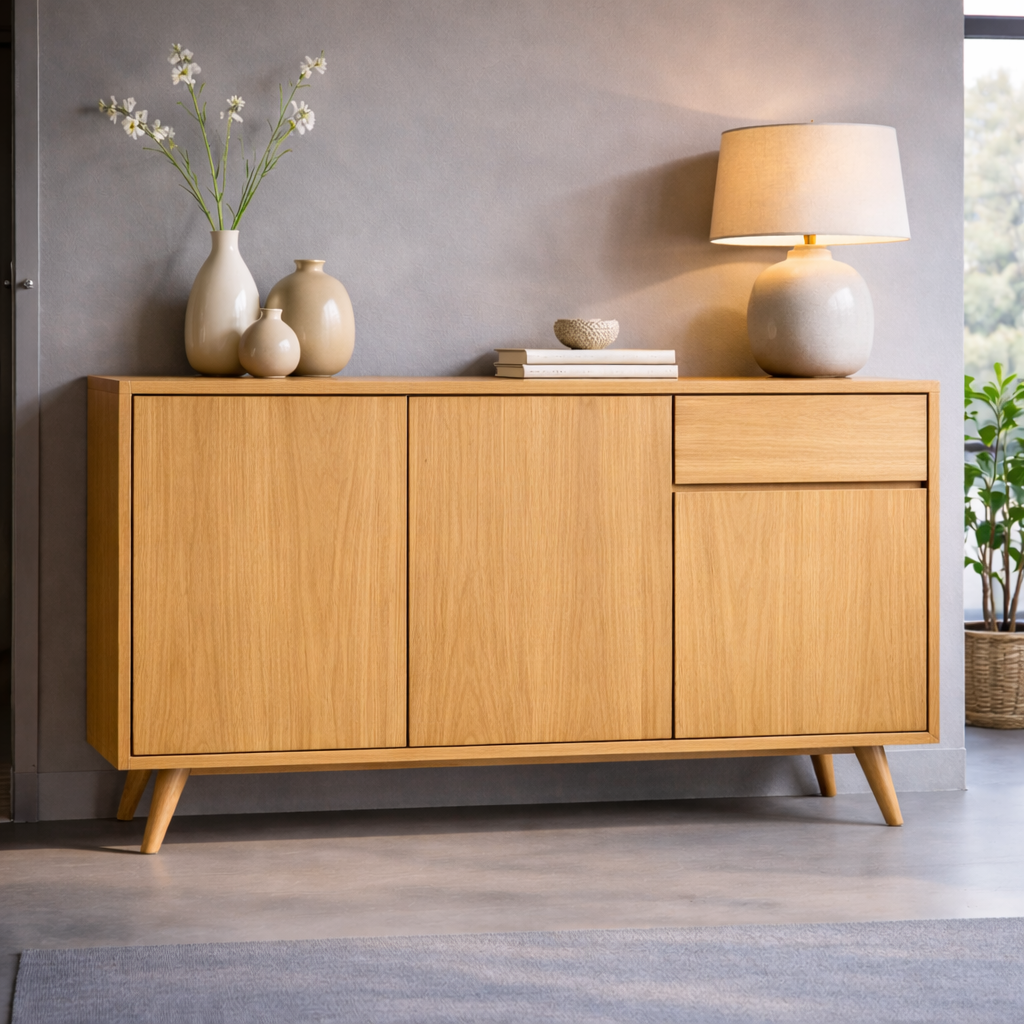 Solid Wood Console Cabinet with Drawer and Doors – Modern Entryway Storage Cabinet