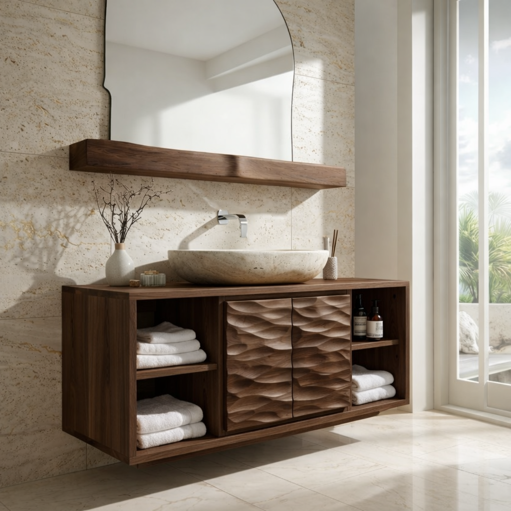 Contemporary Solid Wood Bathroom Vanity with Textured Cabinet Doors and Shelving