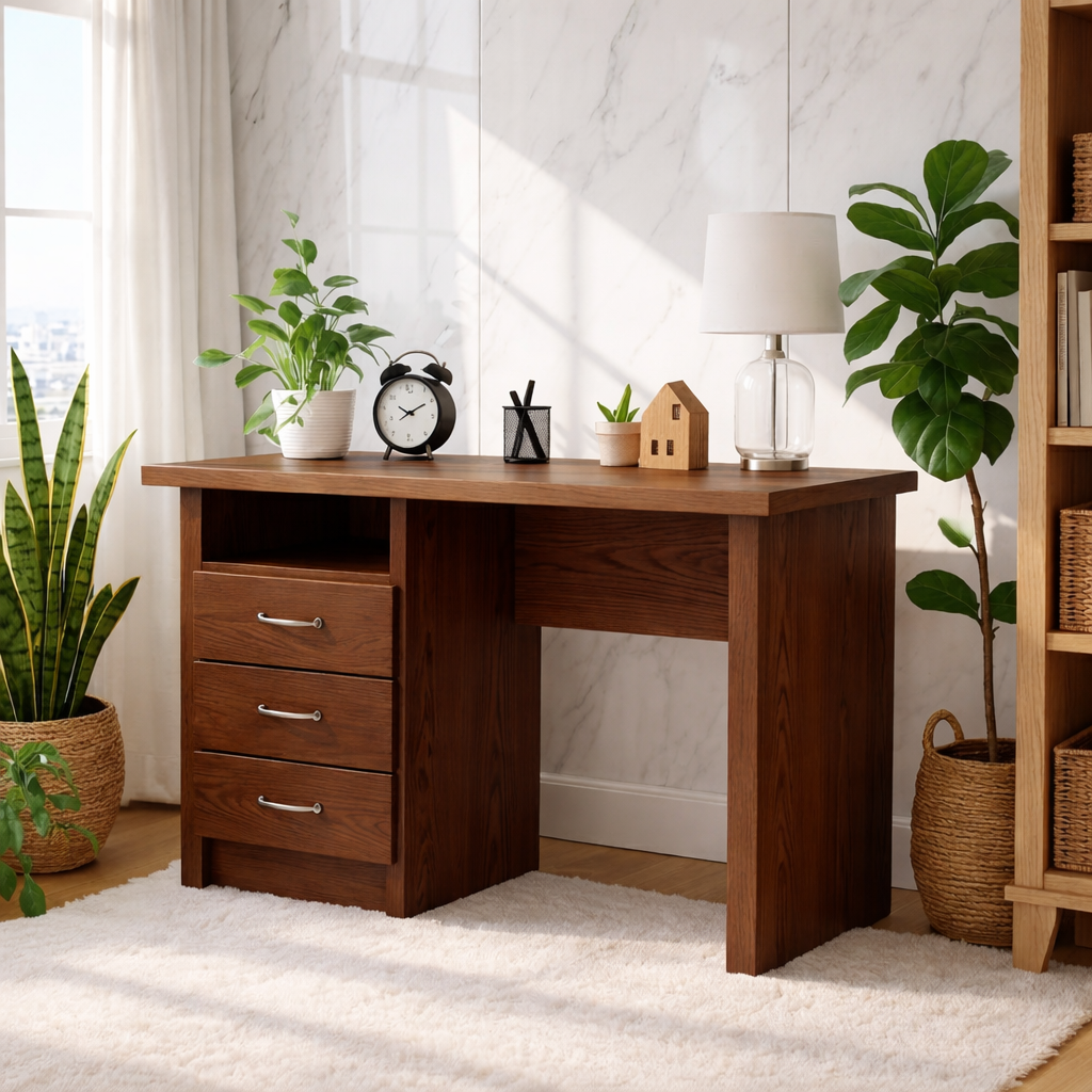 Walnut Compact Writing Desk with Drawers – Cozy Natural Workspace