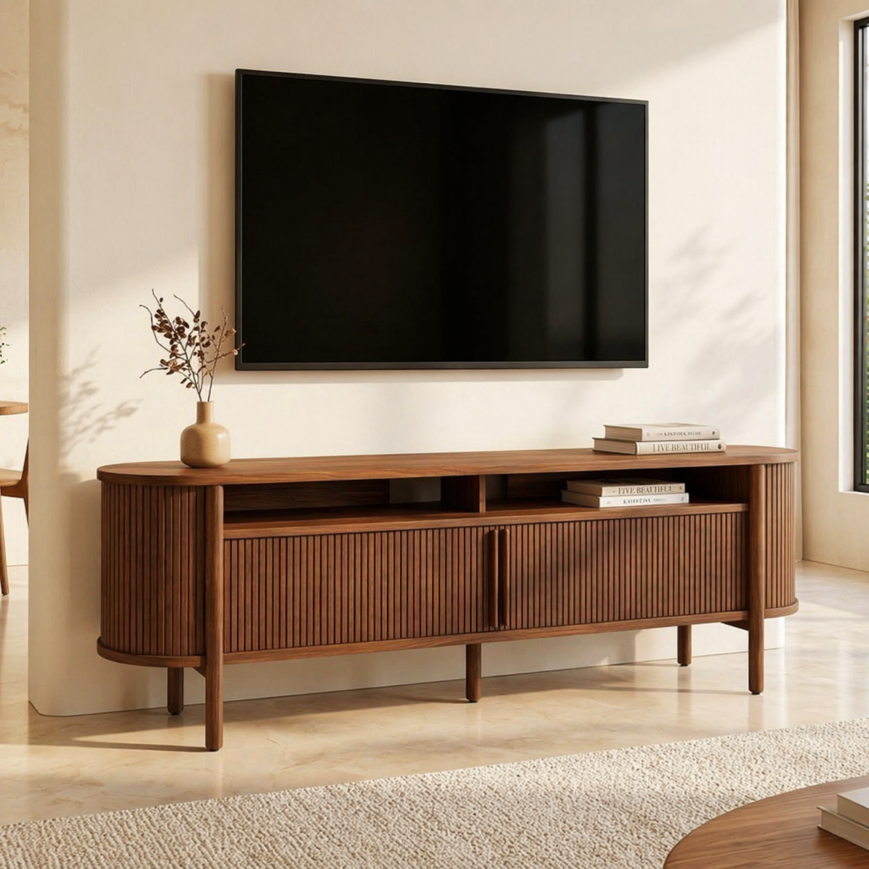 Modern Fluted TV Console, Rounded Media Cabinet for Refined Living-Room Interiors