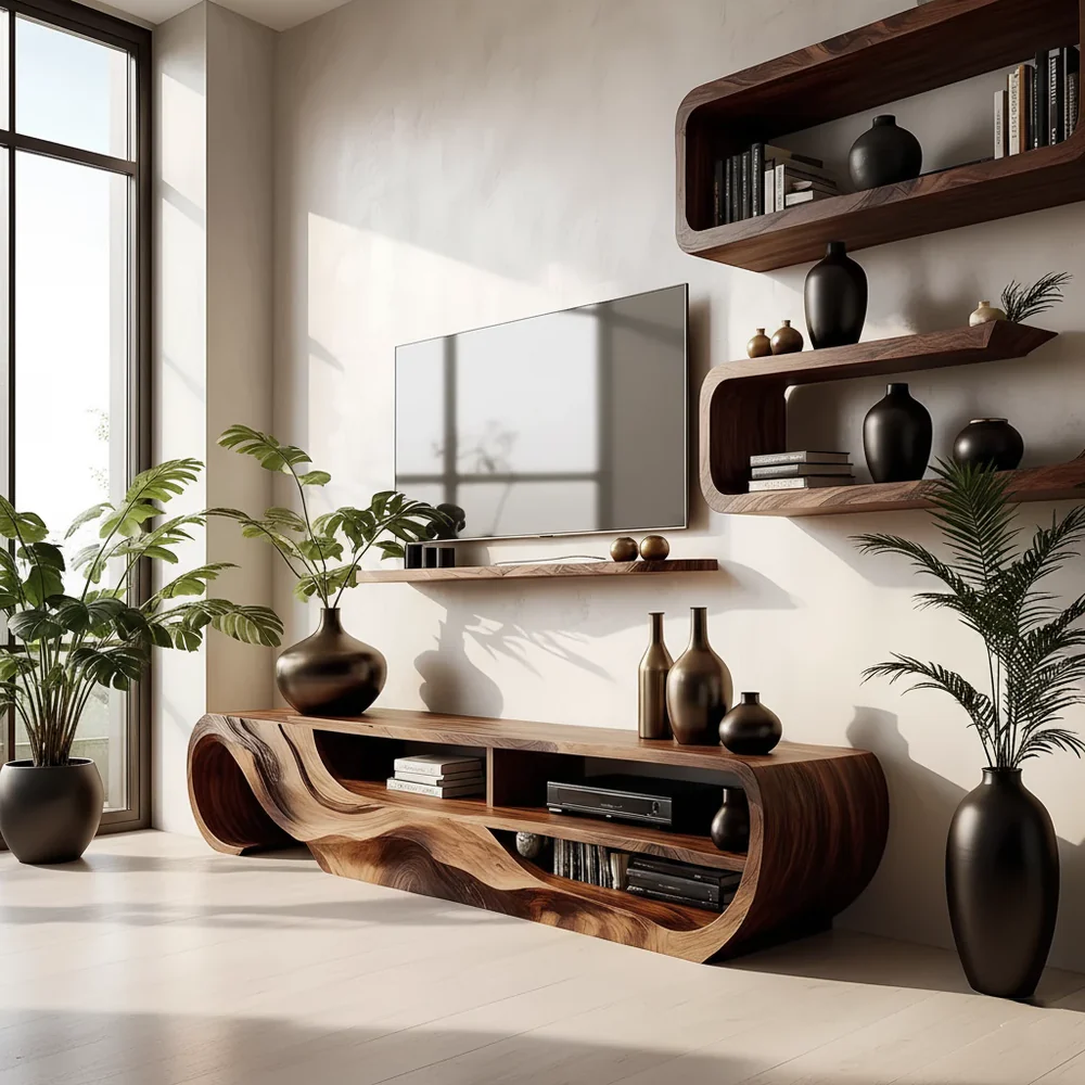 Solid Wood TV Stand Modern Sculptural Media Console for Living Room