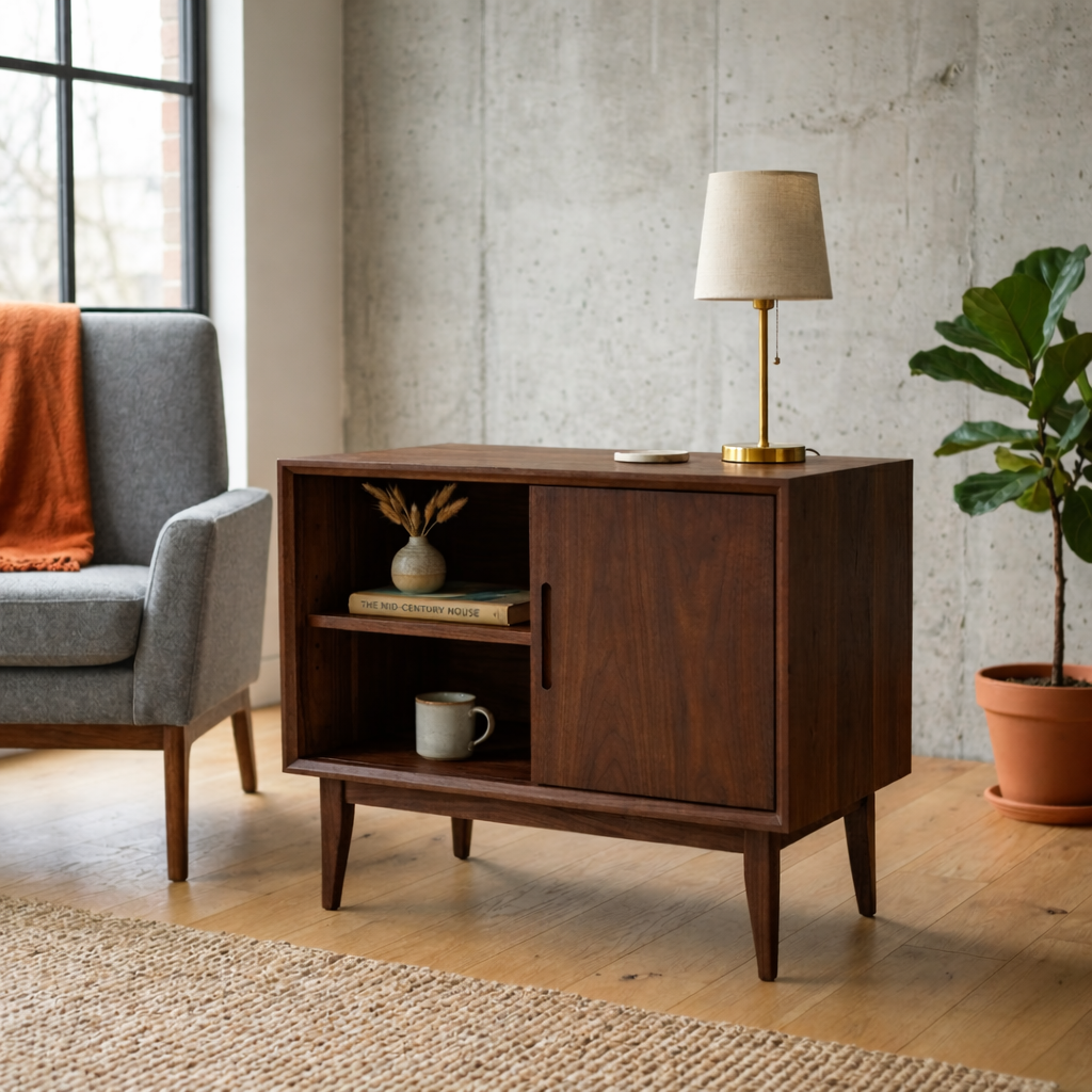 Solid Wood End Table with Sliding Door and Shelf – Mid Century Modern Side Table