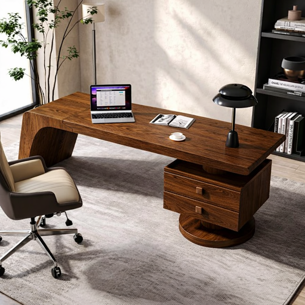 Modern Executive Desk with Curved Base and Drawers, Minimalist Office Writing Table