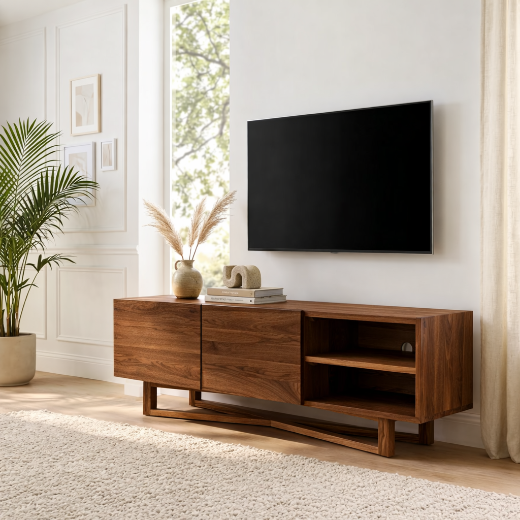 Solid Wood TV Stand with Shelves, Minimalist Entertainment Media Console Cabinet