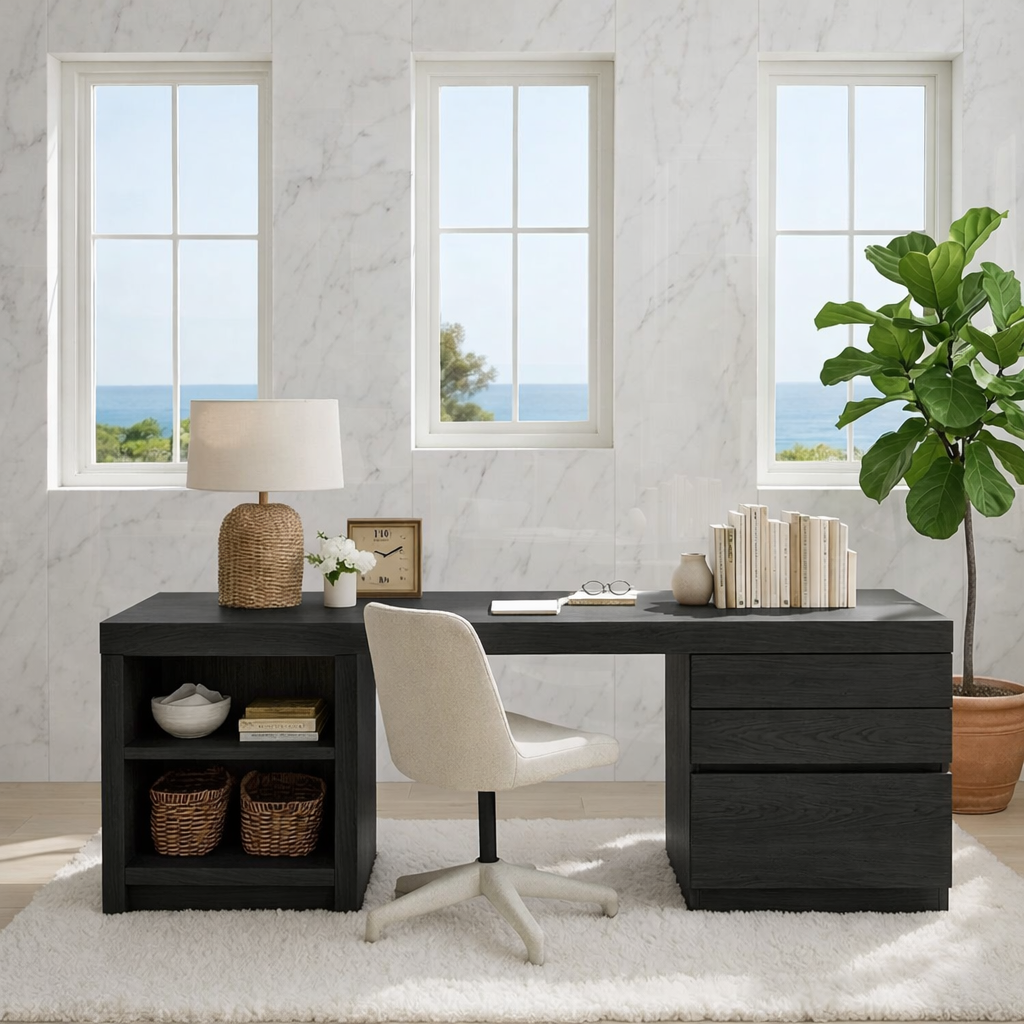 Modern Home Office Desk with Storage Shelves and Drawers Long Writing Computer Table