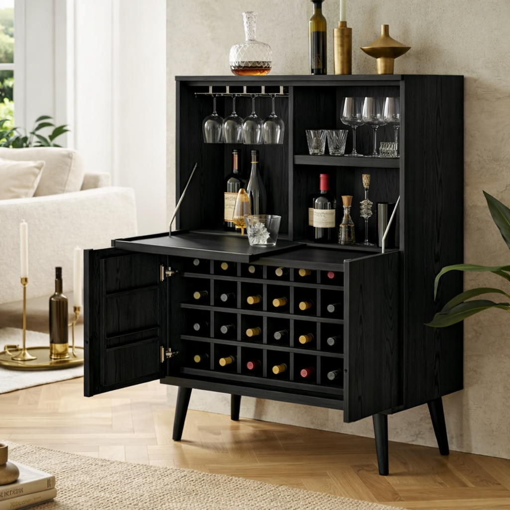 Modern Wine Bar Cabinet with Fold Down Shelves and Large Bottle Storage