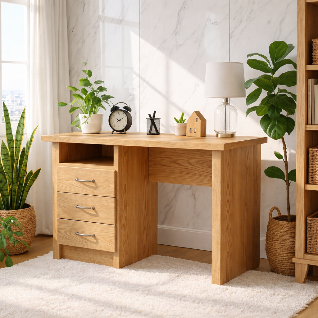Walnut Compact Writing Desk with Drawers – Cozy Natural Workspace