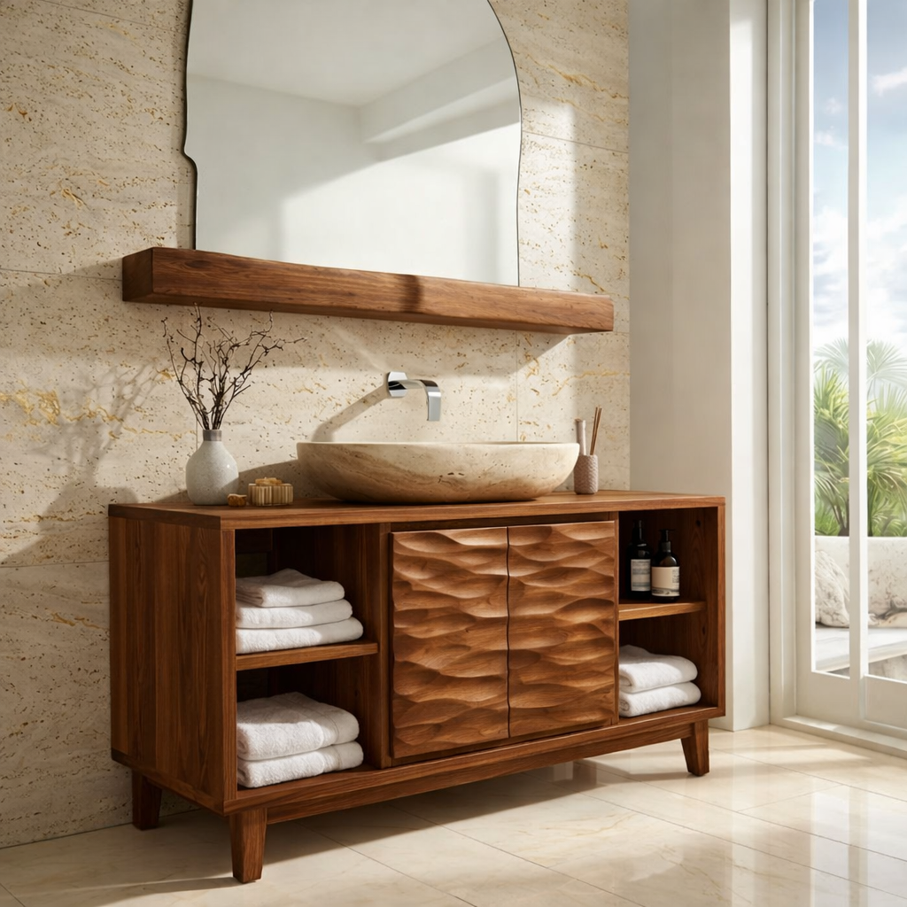 Contemporary Solid Wood Bathroom Vanity with Textured Cabinet Doors and Shelving