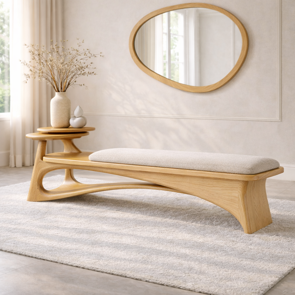 Contemporary Entryway Bench with Side Table Curved Hallway Seat Minimalist Furniture