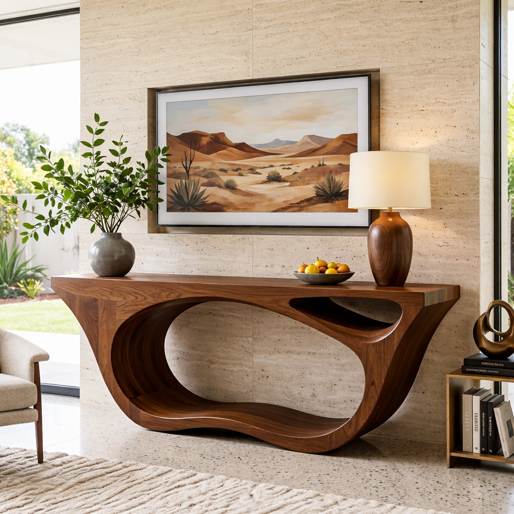 Solid Wood Console Table with Sculpted Open Base, Modern Organic Design