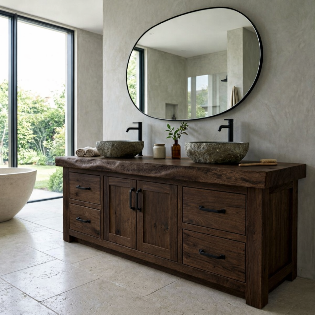 Rustic Oak Bathroom Vanity Double Sink Cabinet Live Edge Solid Wood Storage Unit