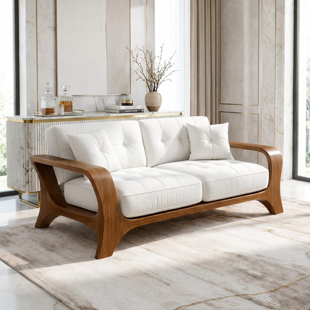 Luxury Curved Solid Wood Sofa with White Tufted Cushions Modern Designer Couch