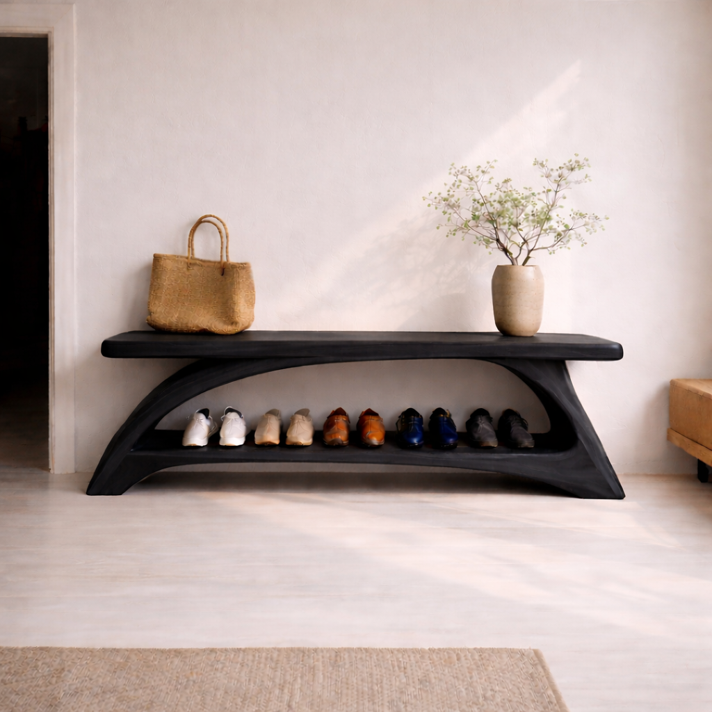 Solid Wood Entryway Bench with Shoe Storage Shelf – Modern Curved Wooden Shoe Rack Bench